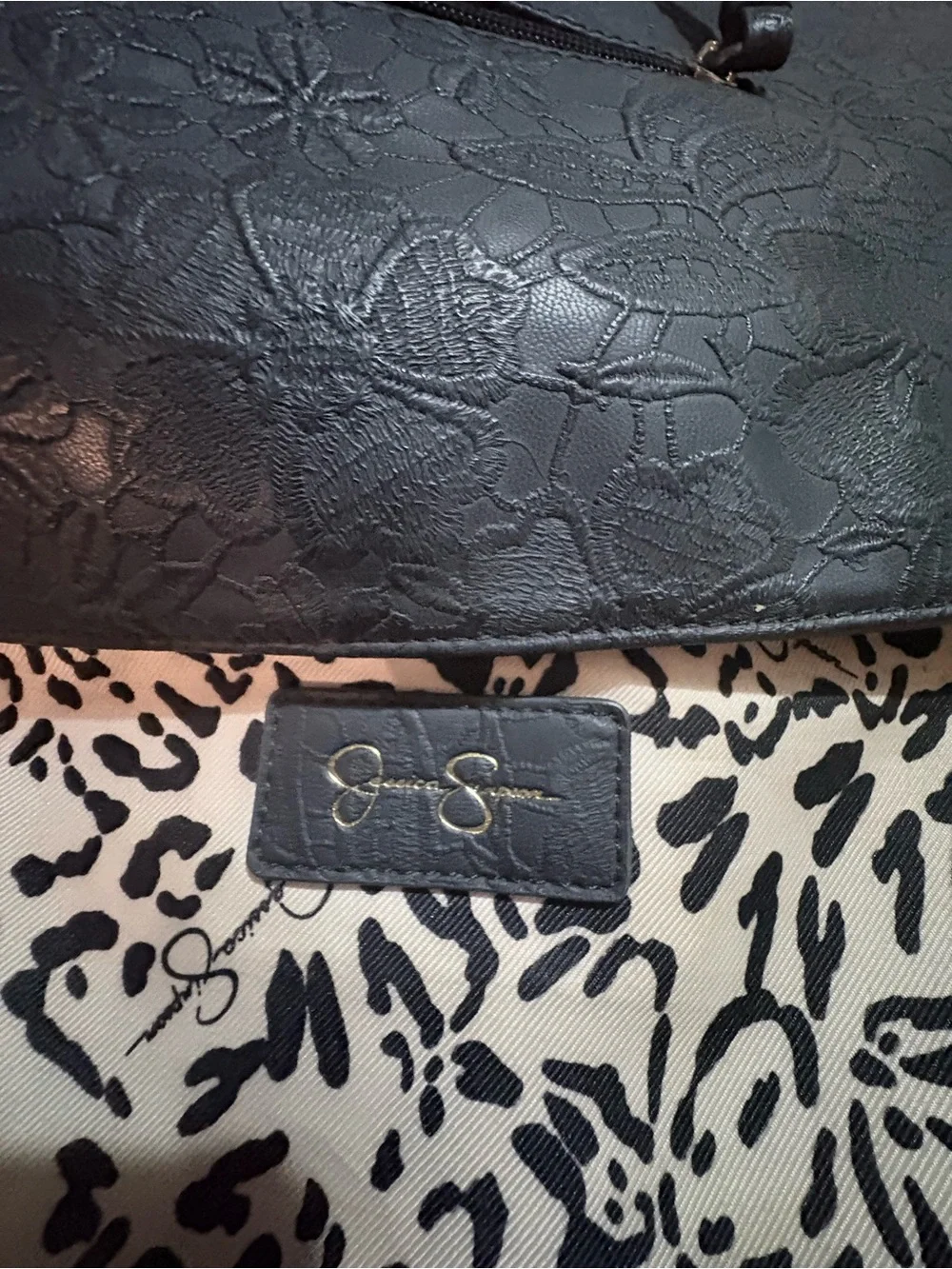 Jessica Simpson Black Floral-Embossed Shoulder Bag with Gold Accents